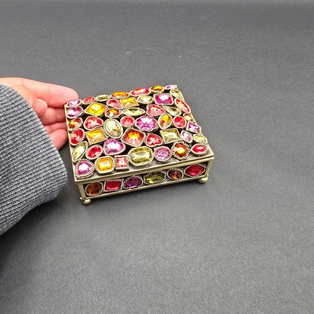 Vintage Style Bejeweled Jewelry Box Bronze Tone Multi Color Gemstone Trinket Box